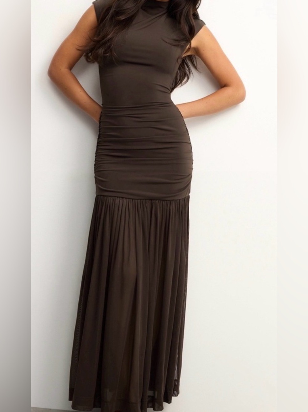 Brown Ruched Maxi Dress